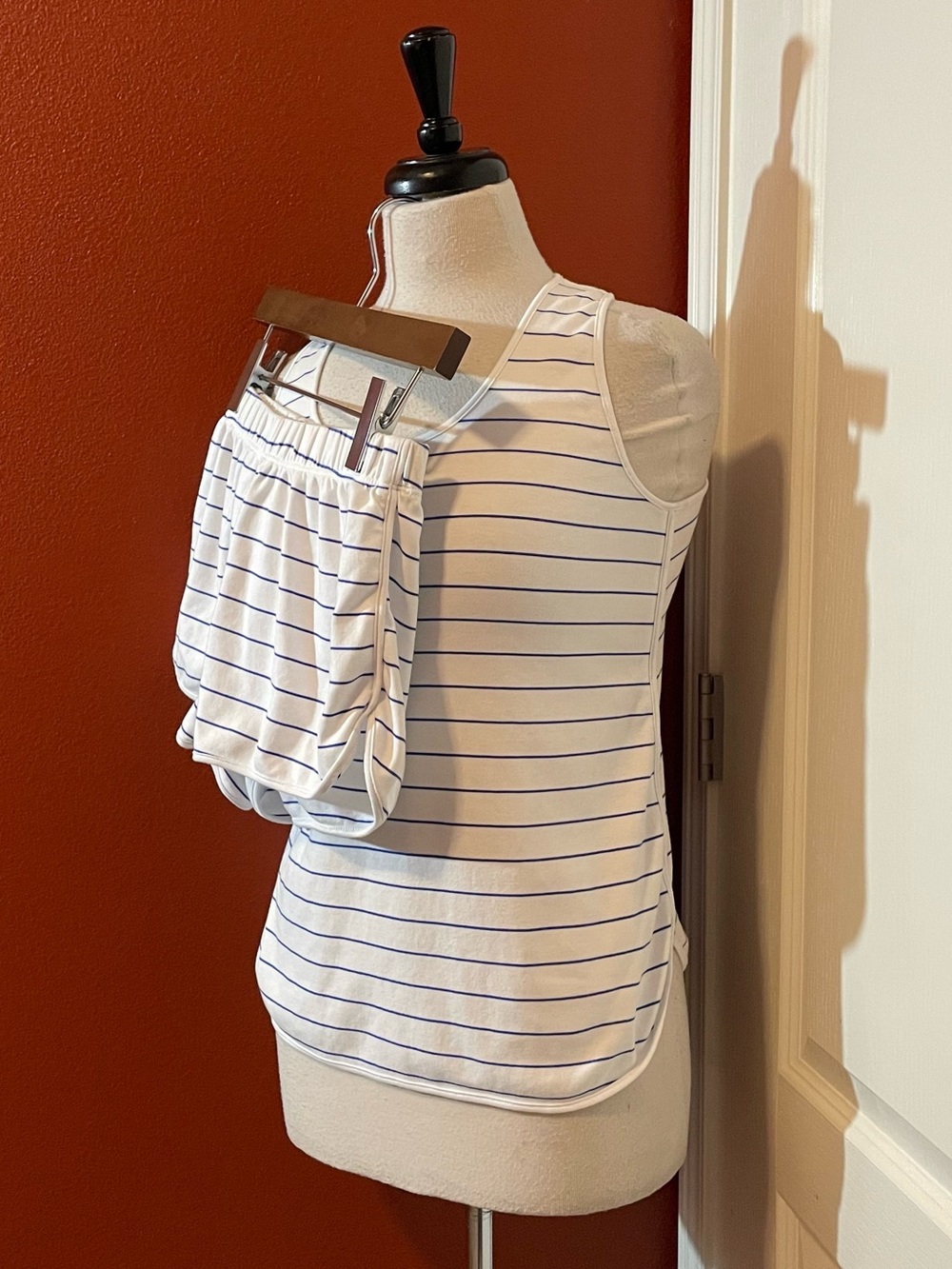 LAKE Women’s Pima Cotton Striped White & Blue Pajama Lounge Tank & Short Set